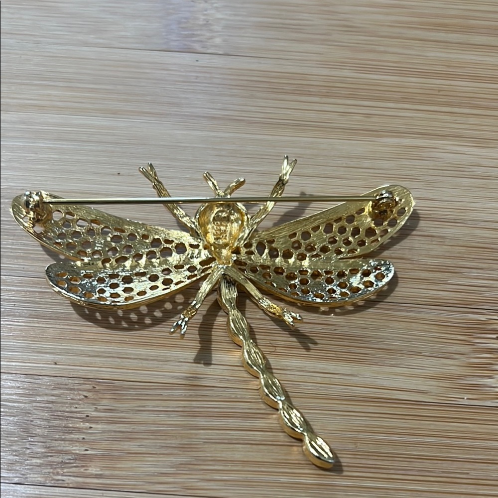 Vintage PS CO 1999 Elegant Gold Dragonfly Brooch with Crystal Accents - Picture 2 of 8
